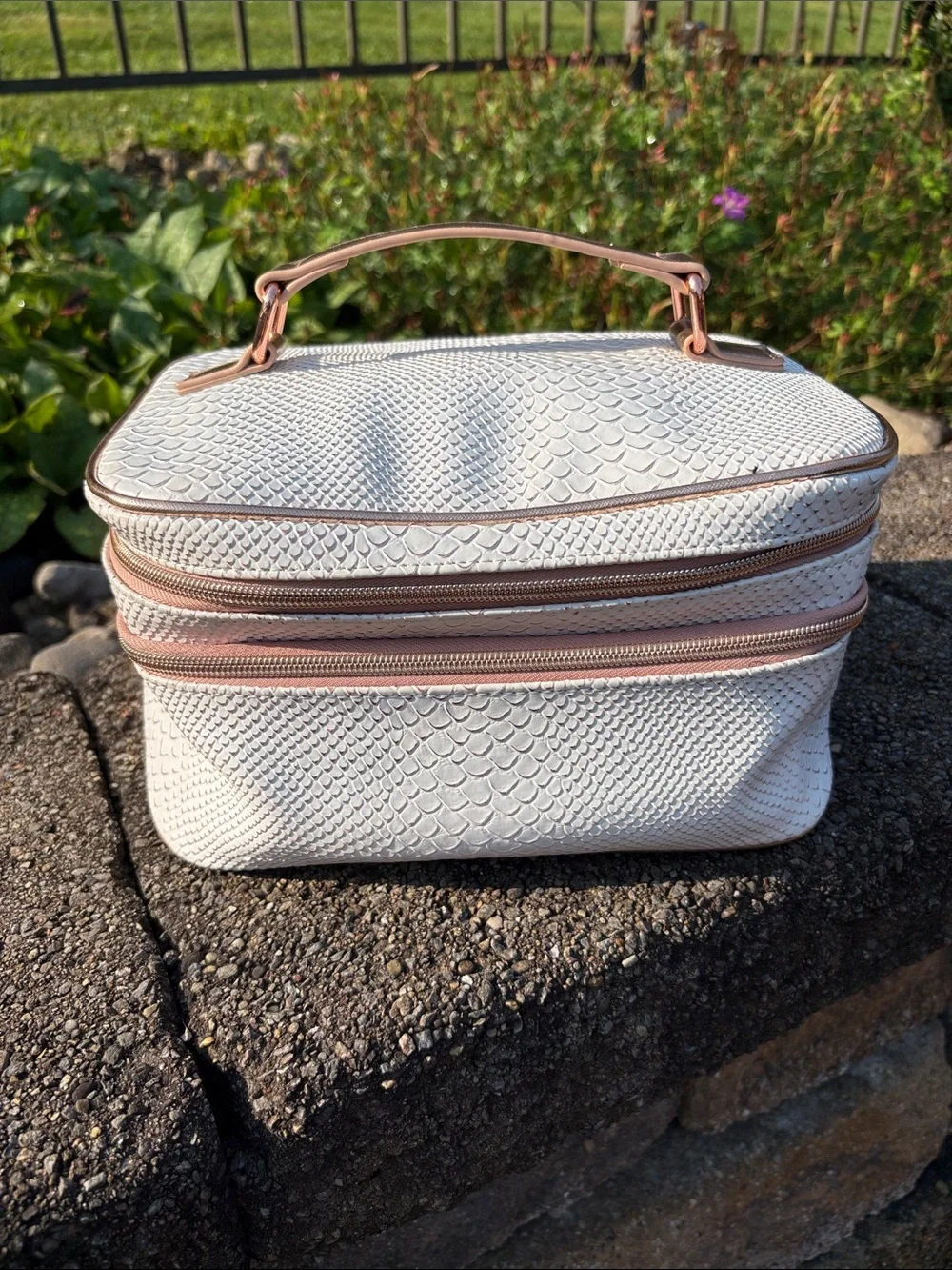 Two-tiered White Embossed Snakeskin like Cosmetic Case with Rose Gold Accents